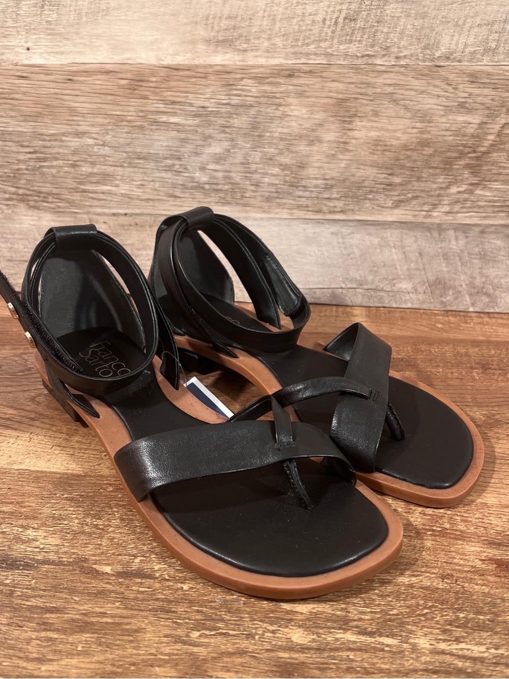 Franco Sarto Black Leather Ankle-Strap Toe-Loop Sandals